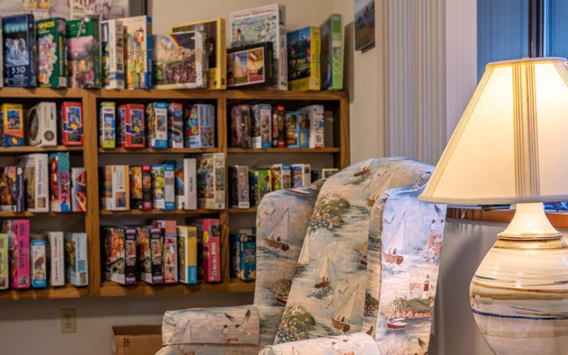 a living room with a bookcase and a lamp